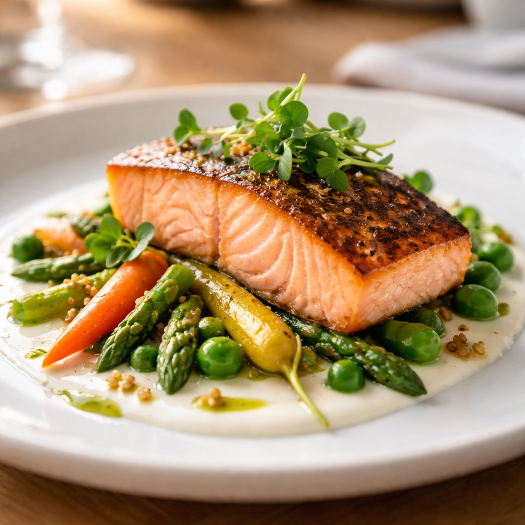 Elegant gourmet dish plated by a professional chef in a senior living dining program beautifully presented salmon with vibr