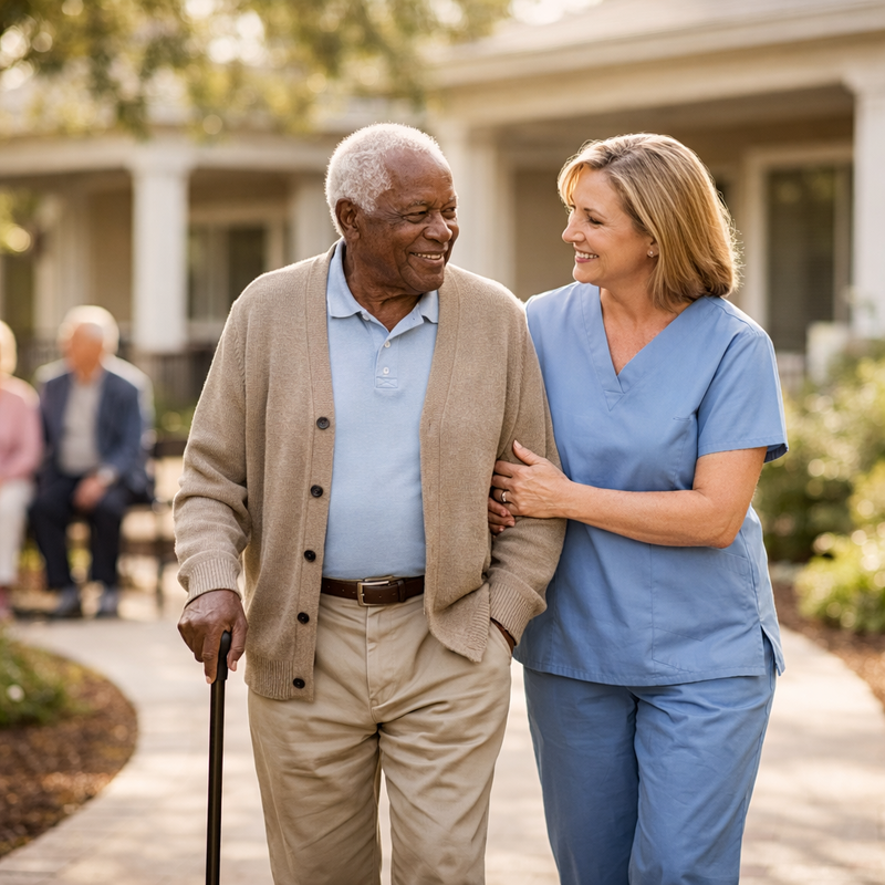 Compassionate caregiver walking alongside an elderly resident in a peaceful senior living memory care garden gentle supportive interactio-1-1