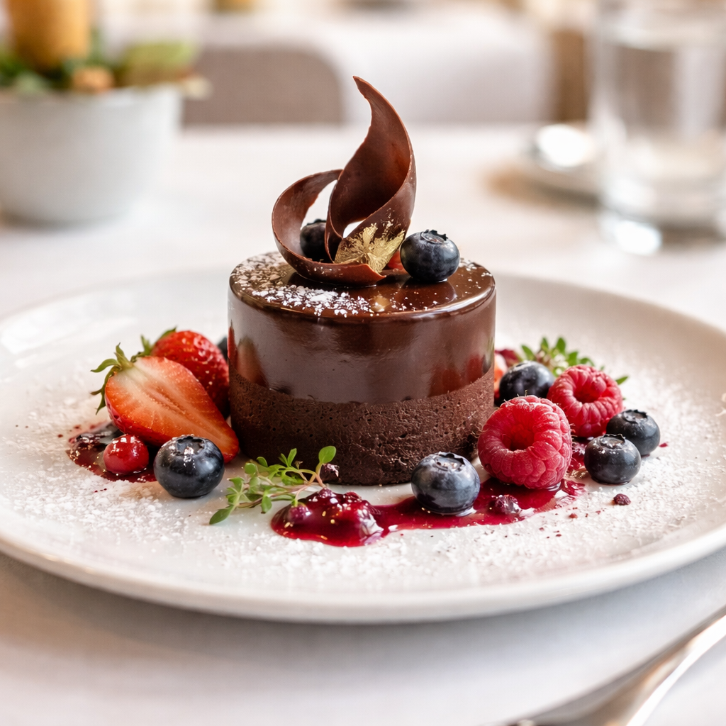 photographic Elegant plated dessert in a refined senior living dining program beautifully crafted chocolate dessert with delicate garnish fresh berrie-1